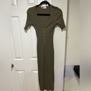 Olive Green Ribbed Midi Dress